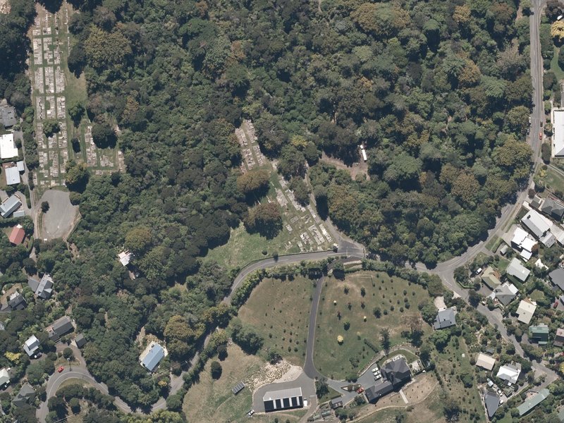 aerial view of Akaroa Catholic Cemetery and the ground around it