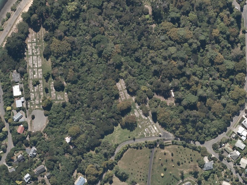 aerial view of Akaroa Dissenters Cemetery and the ground around it