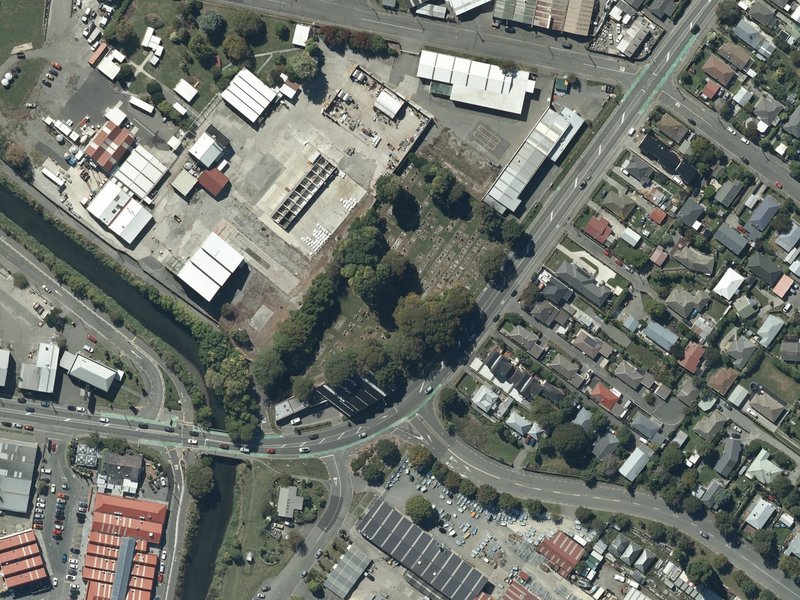 aerial view of Rutherford Street (Woolston) Cemetery and the ground around it