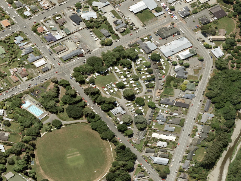 aerial view of Geraldine Kiwi Holiday Park Sewage Disposal Station and the ground around it