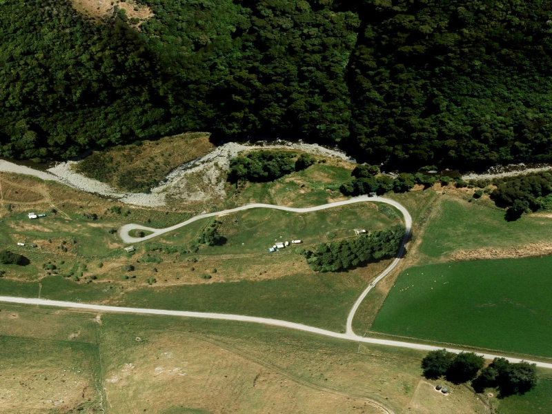 aerial view of Waihi Gorge Camping Area and the ground around it