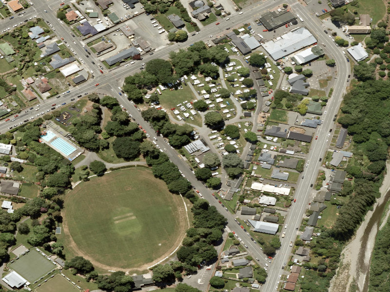aerial view of Geraldine Motor Camp and the ground around it