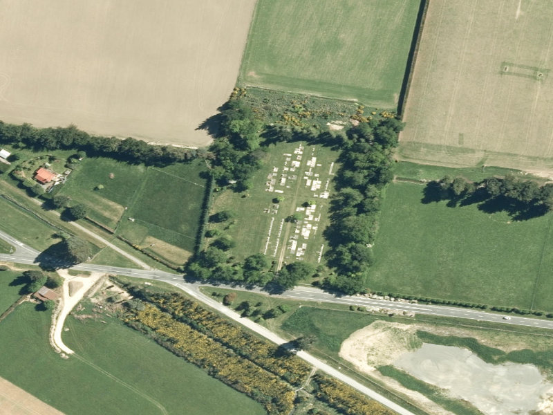 aerial view of Waddington Cemetery and the ground around it