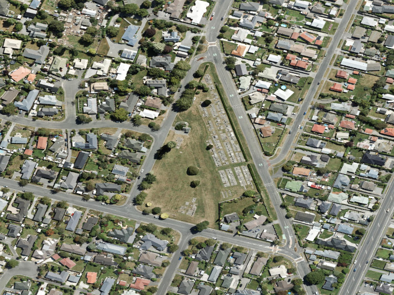 aerial view of Kaiapoi Church Of England Cemetery and the ground around it