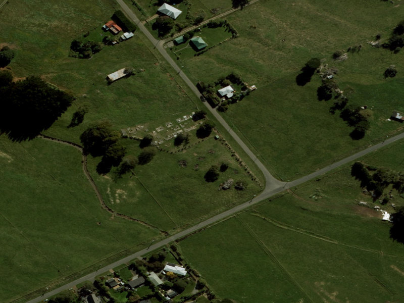 aerial view of Okains Bay Cemetery and the ground around it