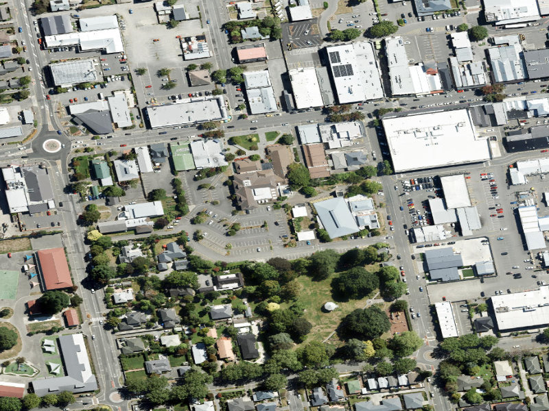 aerial view of Rangiora Service Centre & Carpark, 215 High Street and the ground around it