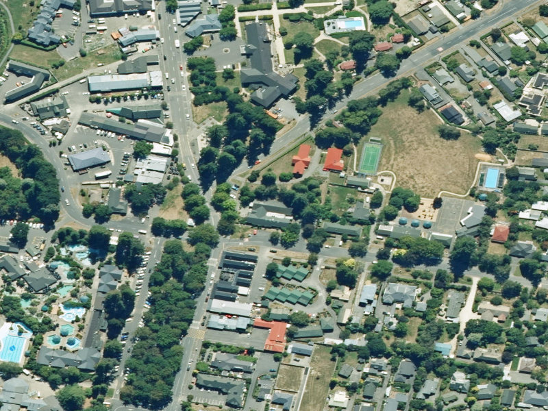 aerial view of Hanmer Springs War Memorial Hall and the ground around it