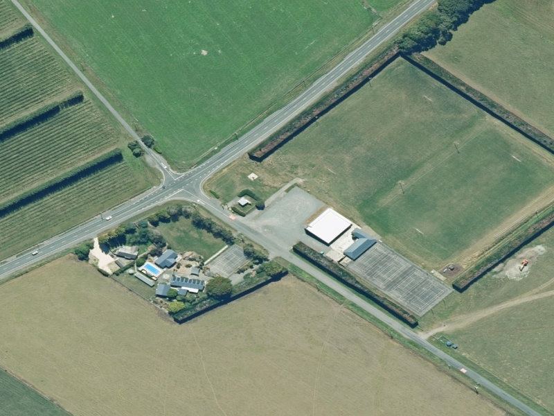 aerial view of Omihi Hall and the ground around it