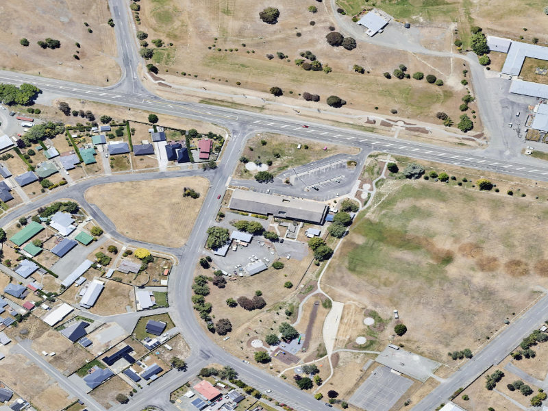 aerial view of Otematata Hall and the ground around it