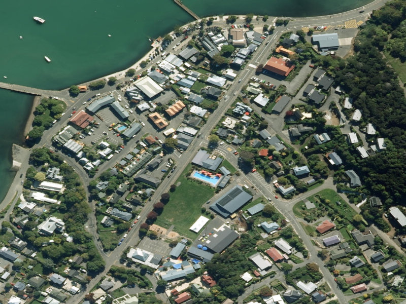 aerial view of Akaroa Library and the ground around it