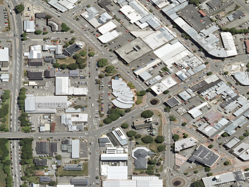 aerial view of Timaru Public Library and the ground around it