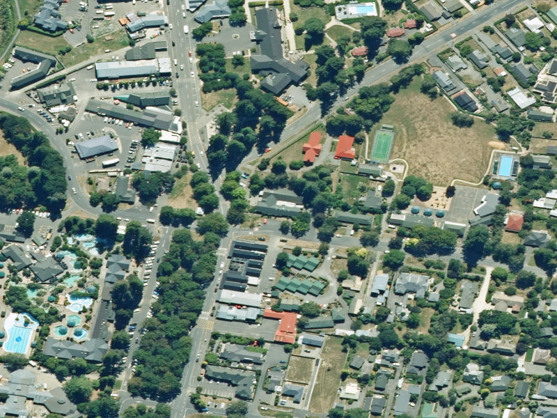 aerial view of Hanmer Springs Community Library & Service Centre and the ground around it