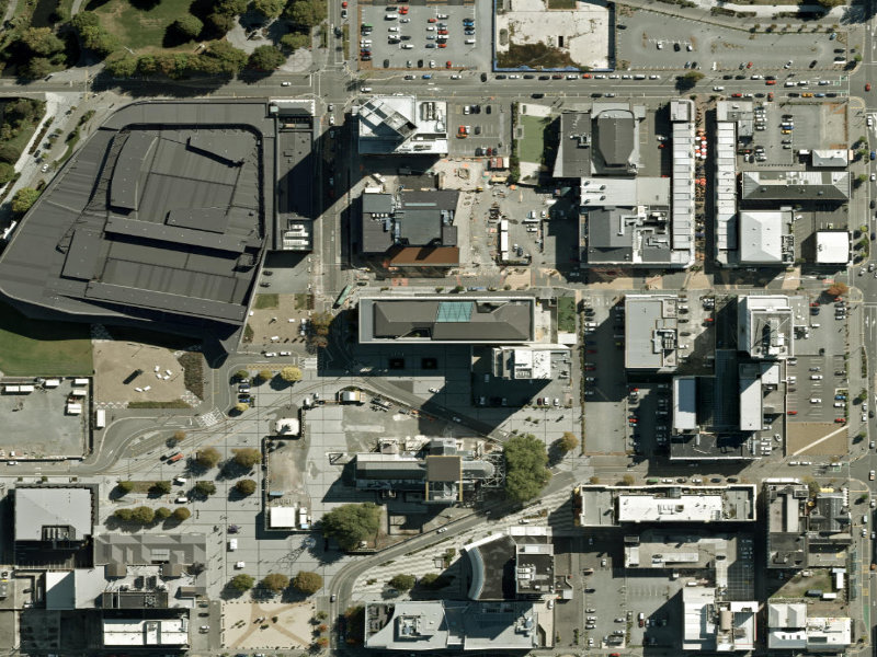 aerial view of Turanga Library and the ground around it