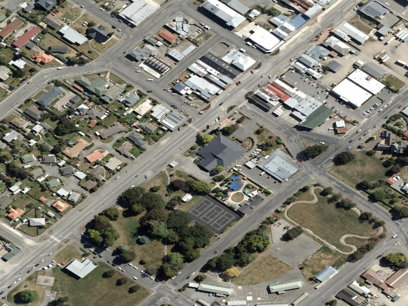 aerial view of Public Library and the ground around it