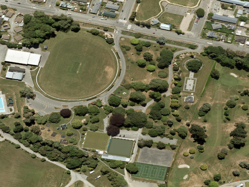 aerial view of War Memorial, Temuka Domain Off Domain Ave East Of Oval and the ground around it