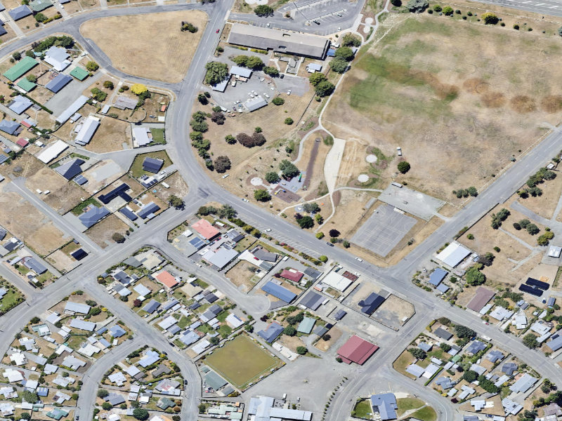 aerial view of Otematata Recreation Reserve Toilets and the ground around it