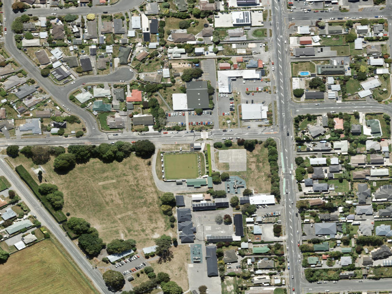 aerial view of Public Toilet, School Road and the ground around it