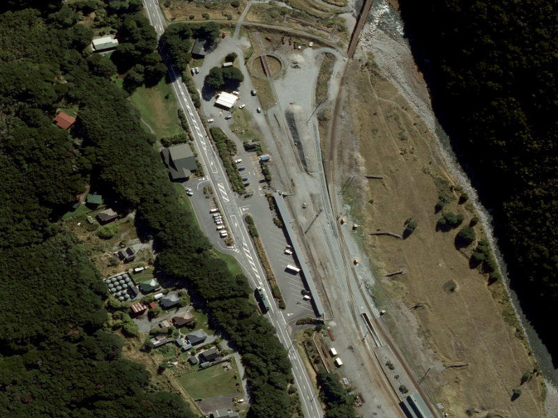 aerial view of Arthurs Pass Public Toilets and the ground around it