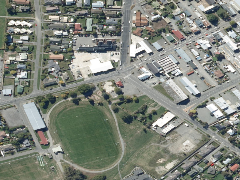 aerial view of Leeston Public Toilets and the ground around it