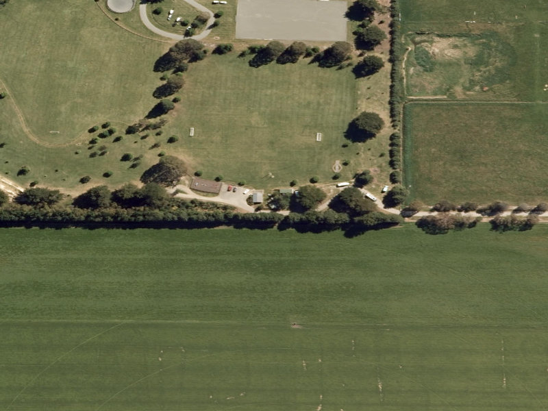 aerial view of Build - Toilet - Beside Pavilion To South Incl: 2 X Corrugated Steel Partitions Between Toilet Cubic and the ground around it