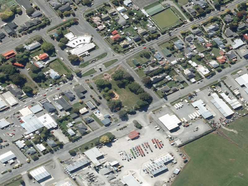 aerial view of Leeston Public Toilets and the ground around it