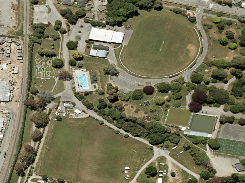 aerial view of Temuka Domain Playground Toilets and the ground around it