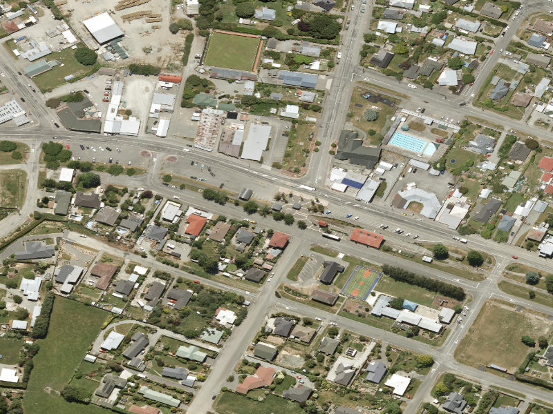 aerial view of Pleasant Point Toilets, Main Road and the ground around it