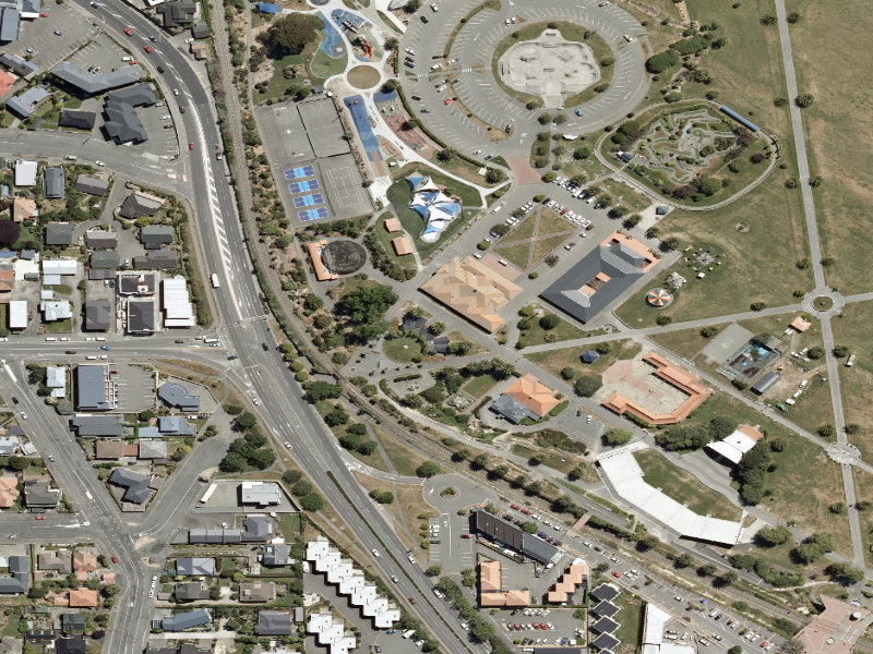 aerial view of Caroline Bay Aviary Toilets and the ground around it