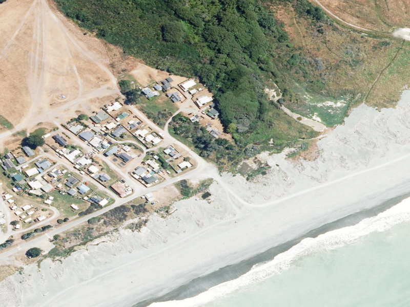 aerial view of Rangitata Reserve Toilets, Rangitata Huts, Rangitata Huts Road and the ground around it