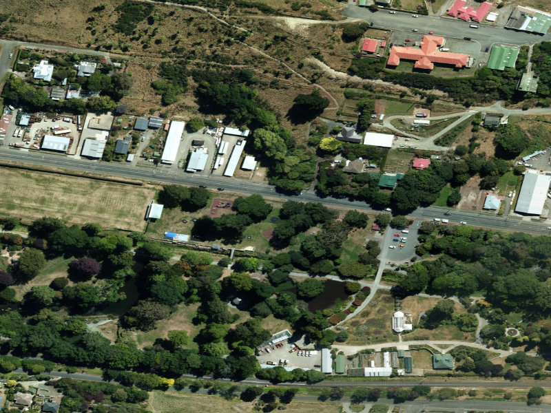 aerial view of Oamaru Public Gardens Toilets and the ground around it