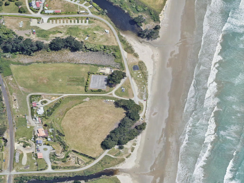 aerial view of Hampden Beach Reserve Public Toilets and the ground around it