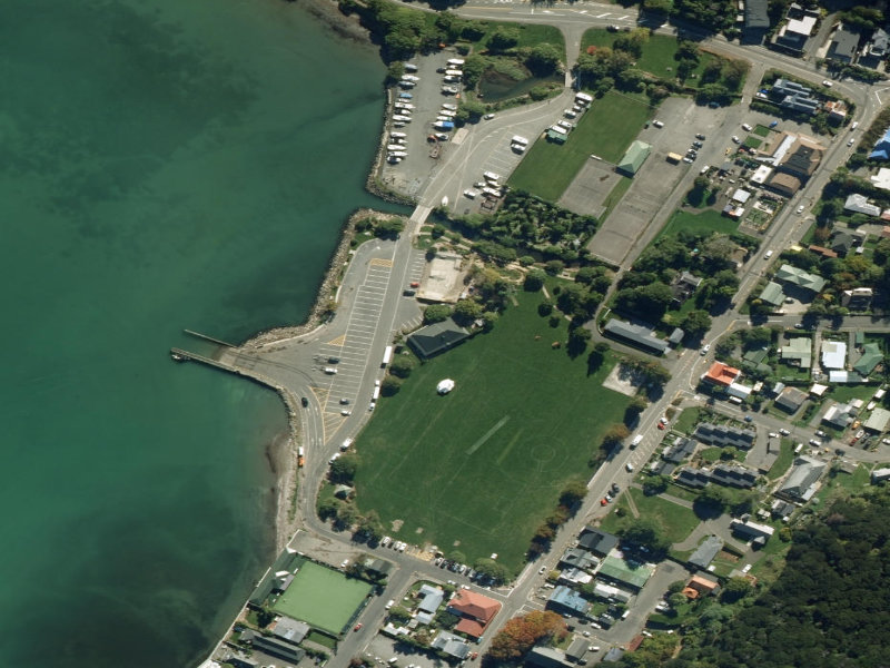 aerial view of Akaroa Service Centre and the ground around it