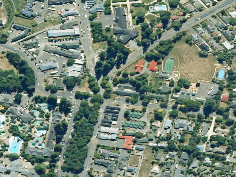 aerial view of Hanmer Springs Service Centre and the ground around it
