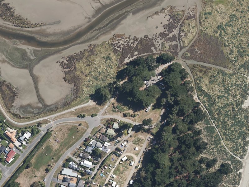 aerial view of Waikuku Beach - Ashley River and the ground around it