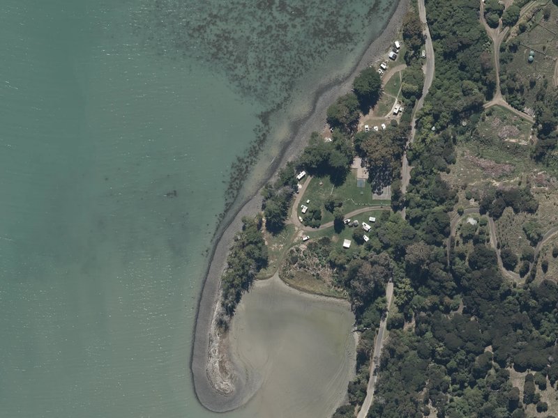 aerial view of Pigeon Bay Campground and the ground around it
