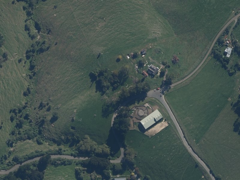 aerial view of Okains Bay War Memorial and the ground around it