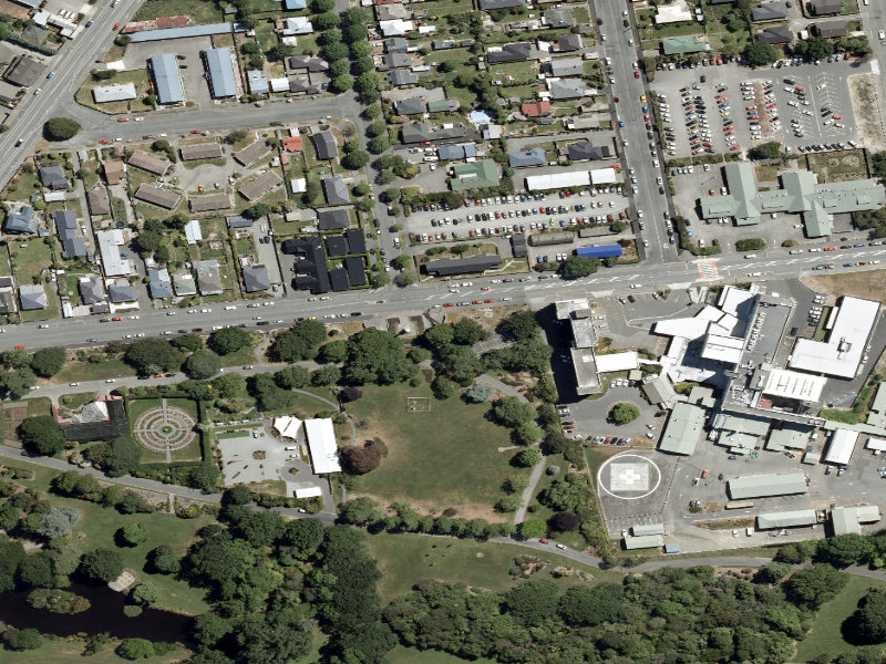 aerial view of Timaru War Memorial and the ground around it