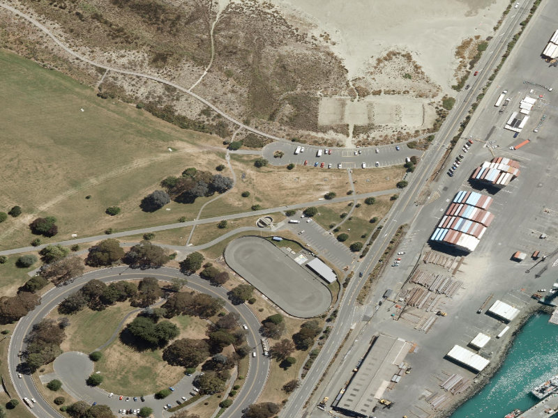 aerial view of East / West Promenade and the ground around it