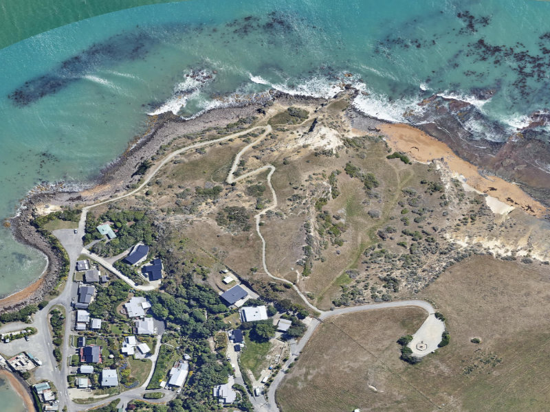 aerial view of Millenium Walkway, Moeraki and the ground around it