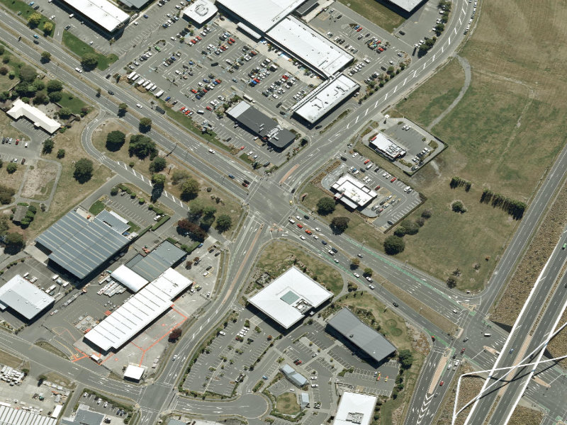 aerial view of Walk and bike track through Christchurch Airport and the ground around it