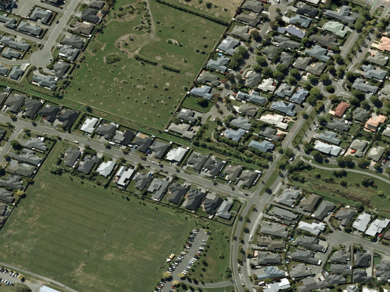 aerial view of Walk and bike track through Halswell and the ground around it