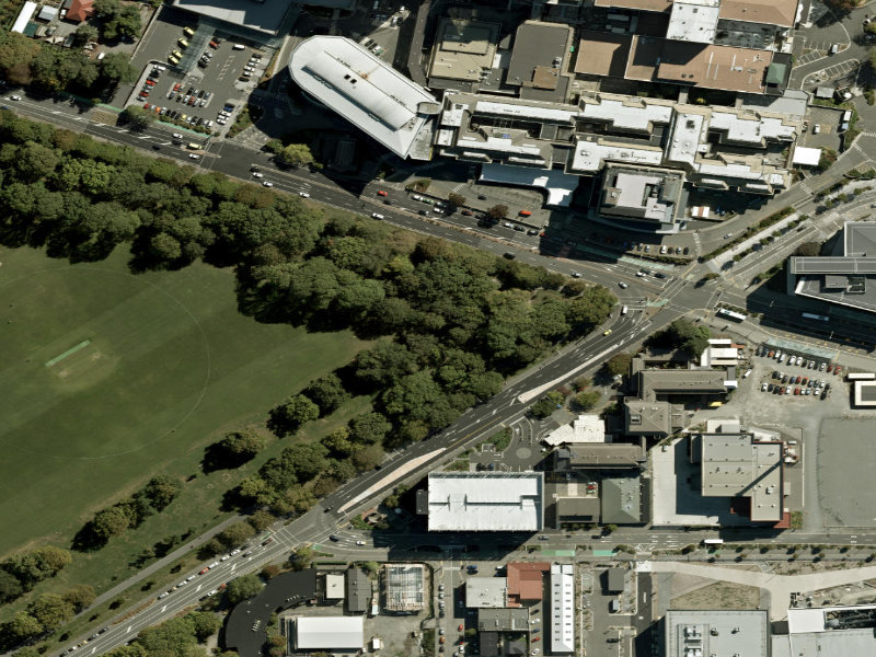 aerial view of Walk and bike track through Christchurch Central City and the ground around it