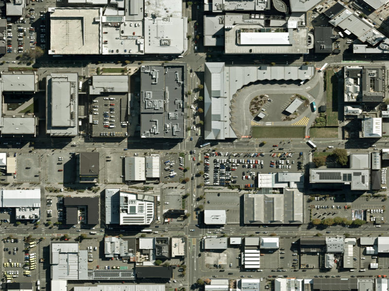 aerial view of Walk and bike track through Christchurch Central City and the ground around it