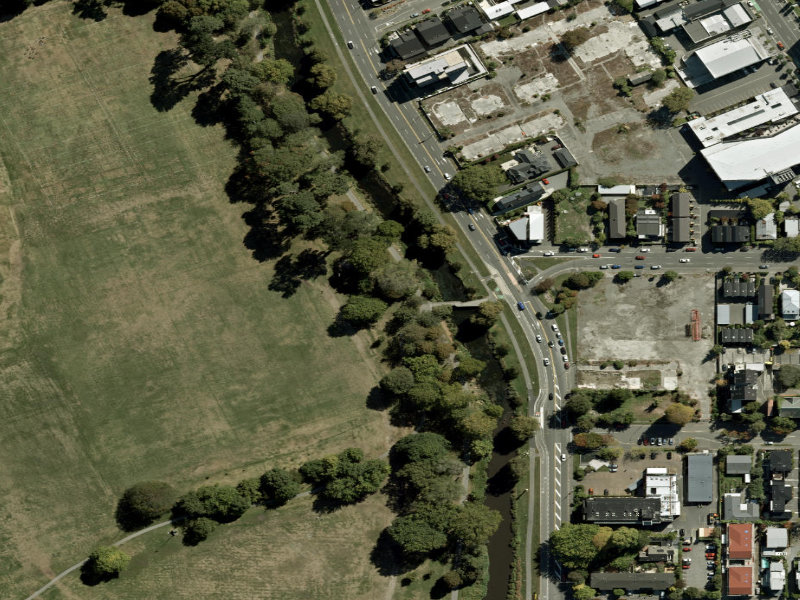 aerial view of Walk and bike track through Christchurch Central City and the ground around it