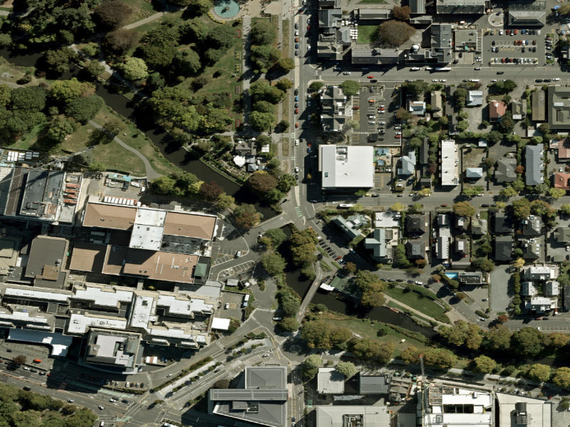aerial view of Walk and bike track through Christchurch Central City and the ground around it