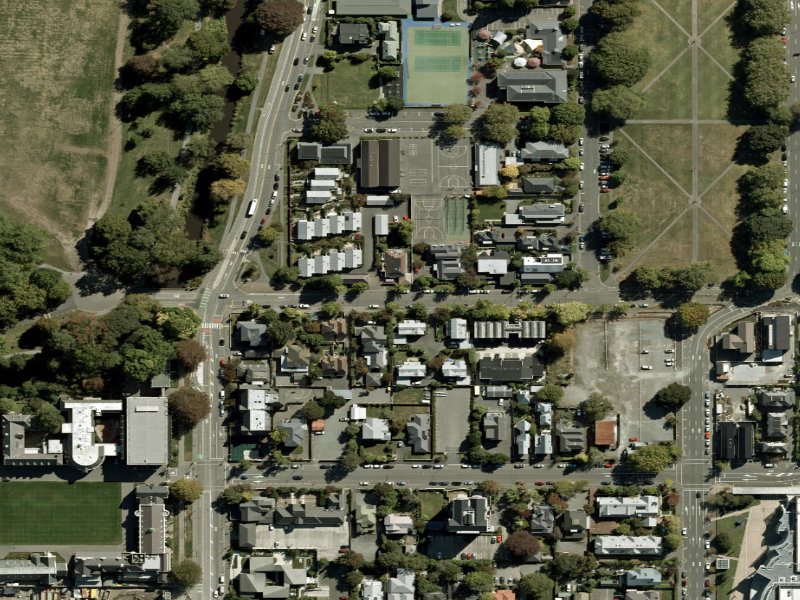 aerial view of Walk and bike track through Christchurch Central City and the ground around it