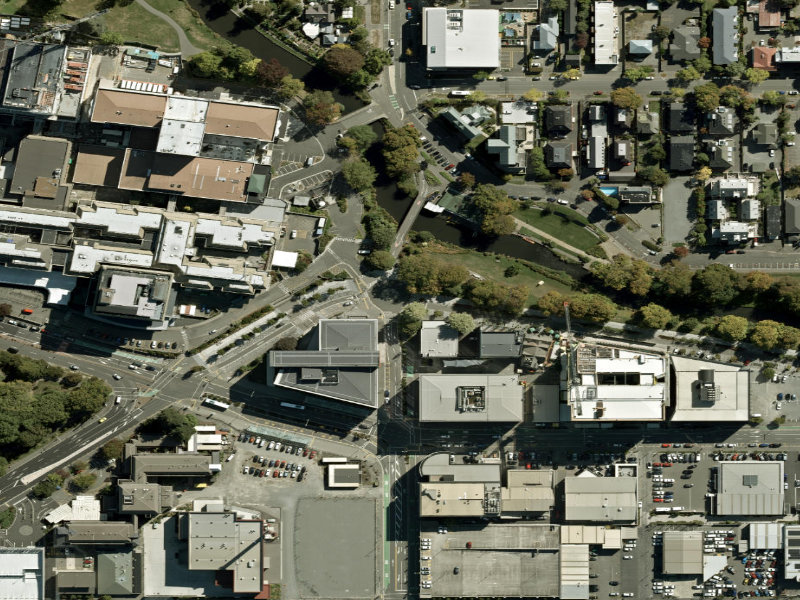 aerial view of Walk and bike track through Christchurch Central City and the ground around it