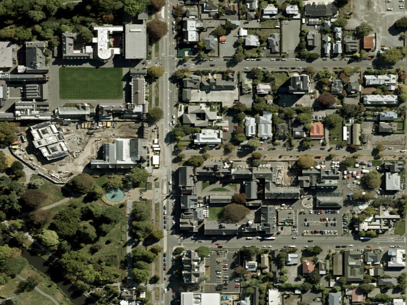aerial view of Walk and bike track through Christchurch Central City and the ground around it