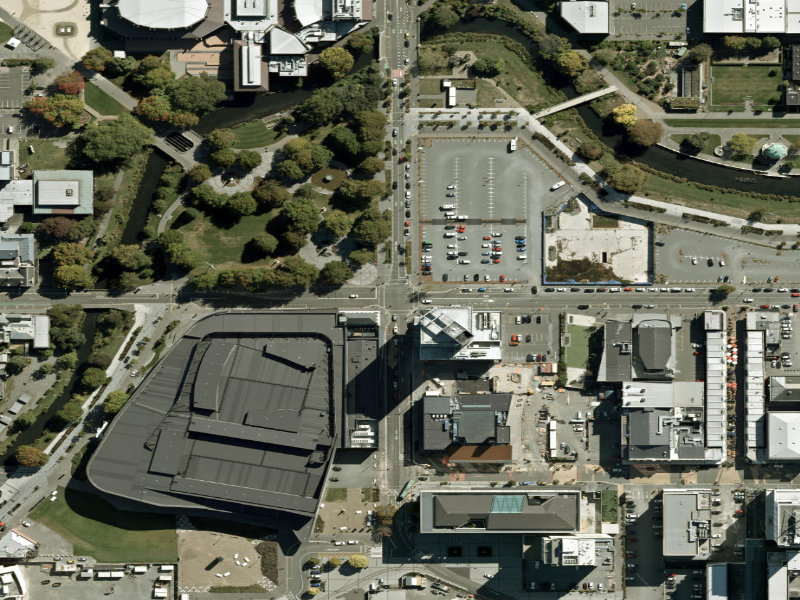 aerial view of Walk and bike track through Christchurch Central City and the ground around it