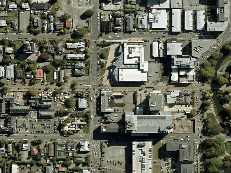 aerial view of Walk and bike track through Christchurch Central City and the ground around it